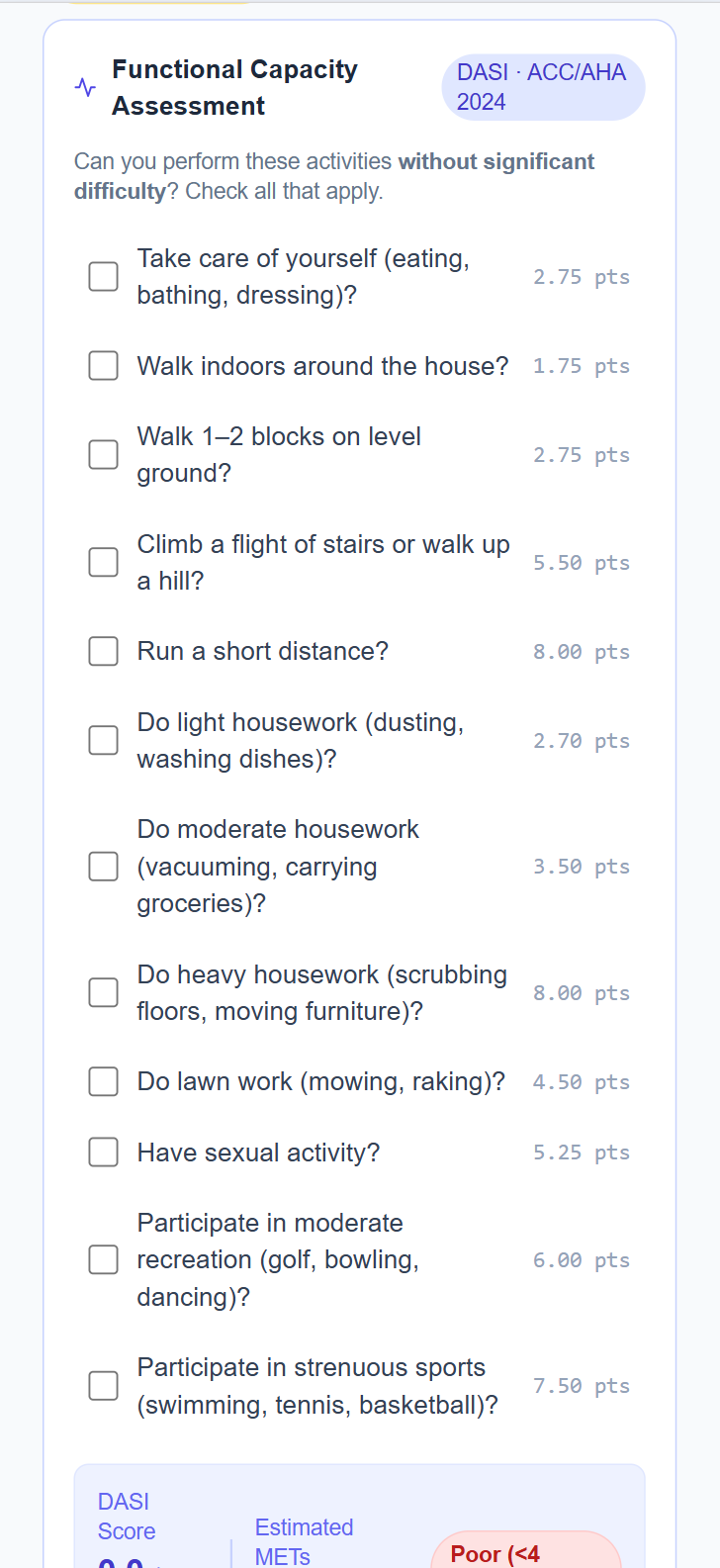 Functional Capacity Assessment in patient app using the DASI instrument — patient checks activities they can perform without significant difficulty, producing a METs estimate