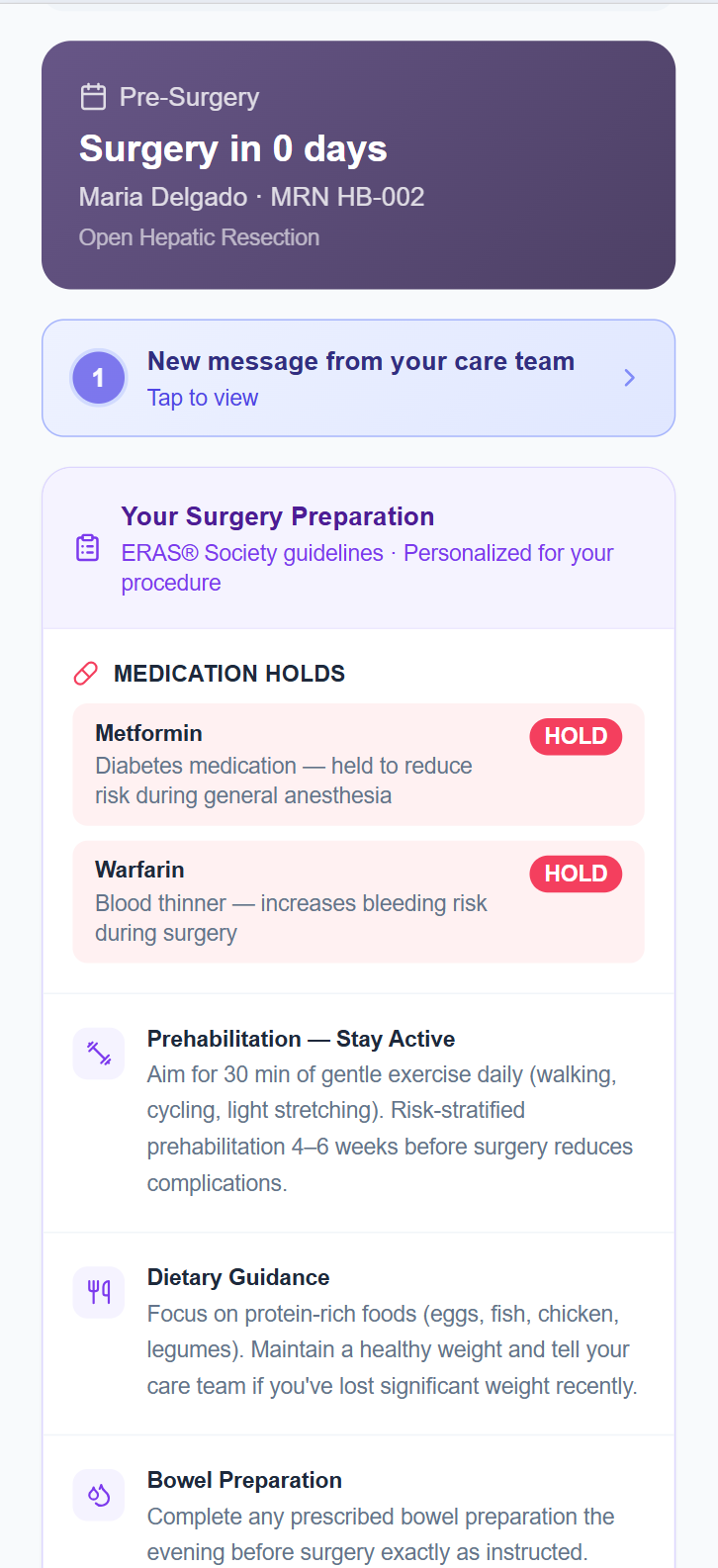 Patient mobile app showing pre-surgery view: Surgery in 0 days, ERAS preparation guidance, medication holds for Metformin and Warfarin with plain-language explanations