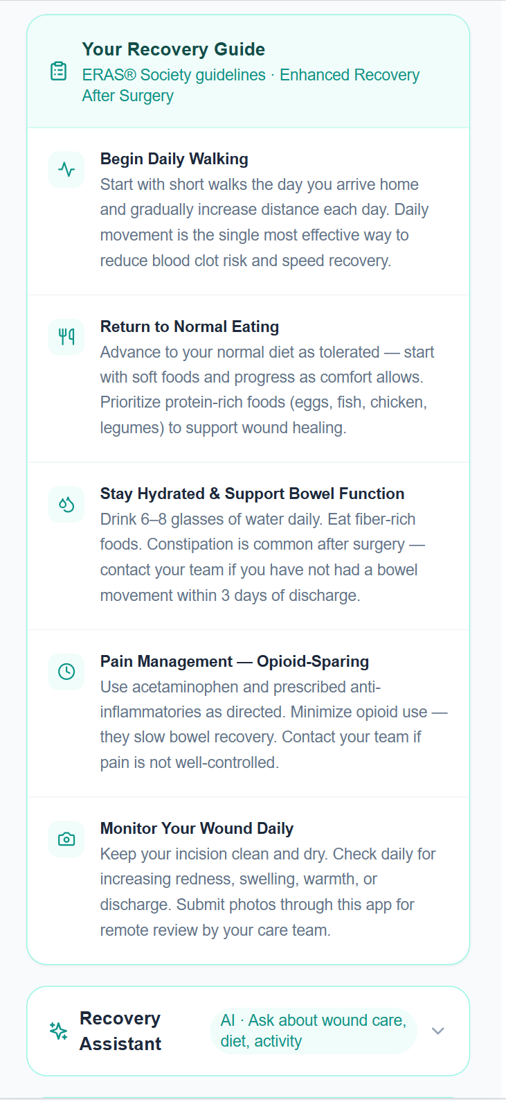 Patient recovery guide showing ERAS Society evidence-based guidelines for walking, eating, hydration, opioid-sparing pain management, and wound monitoring, with an AI recovery assistant at the bottom